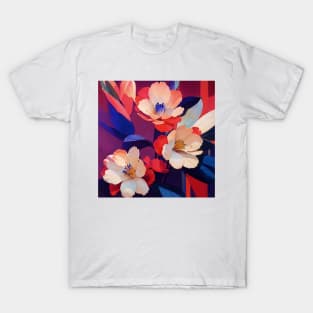 Pastel Blossoms on Red and Blue T-Shirt